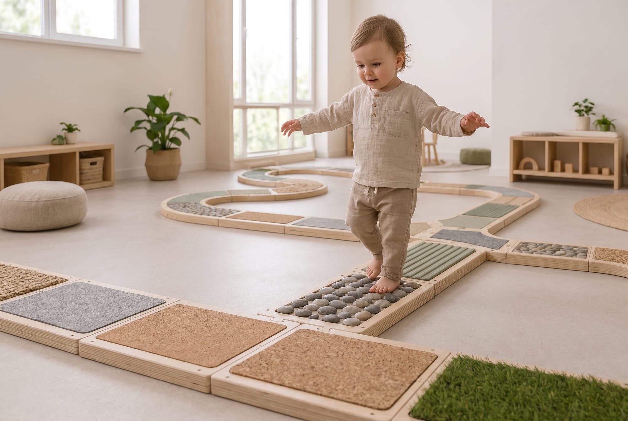 Dziecko idzie po modułowej ścieżce sensorycznej KIDSLOOP w jasnej sali