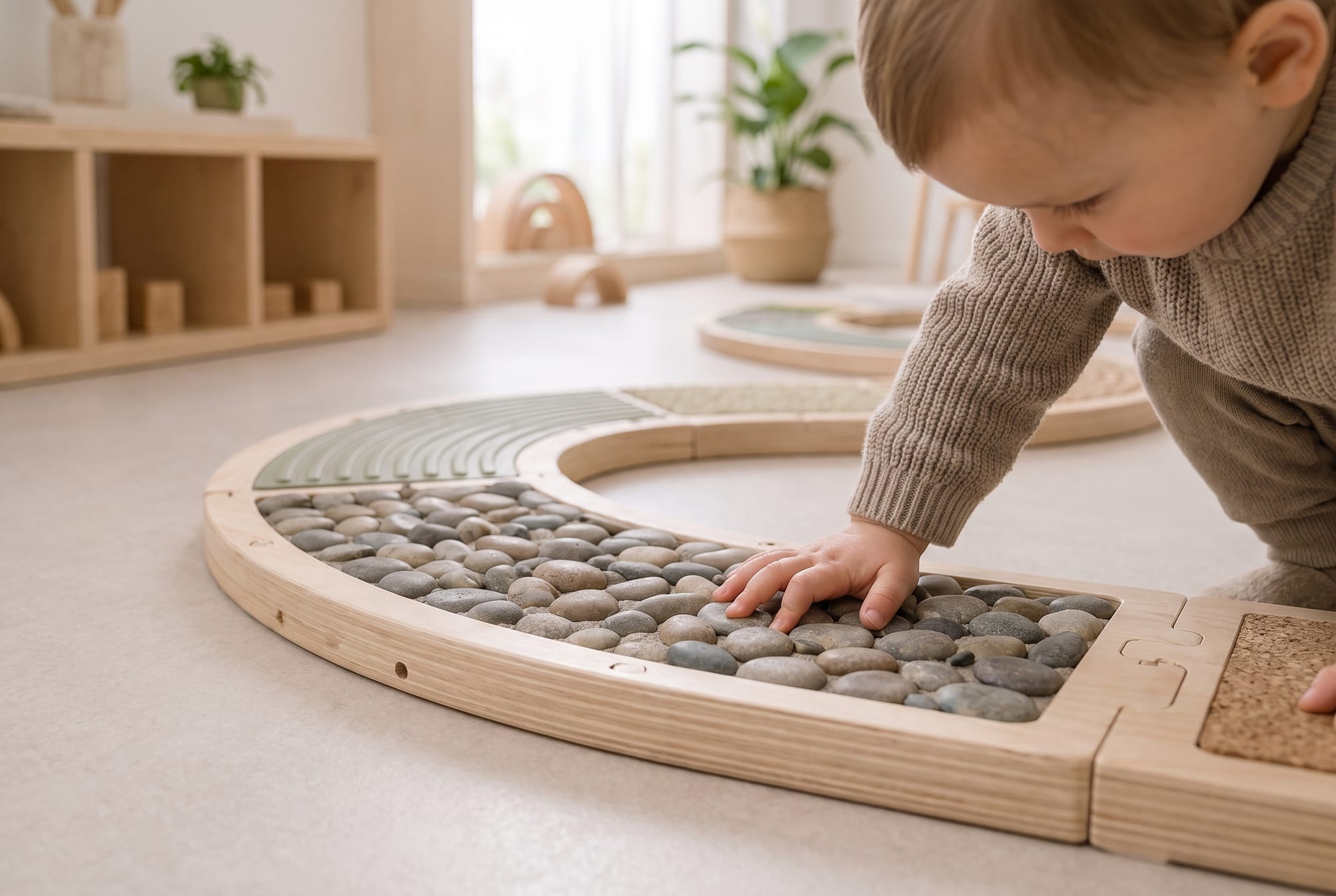 Małe dziecko dotyka faktury z otoczaków w module ścieżki sensorycznej KIDSLOOP