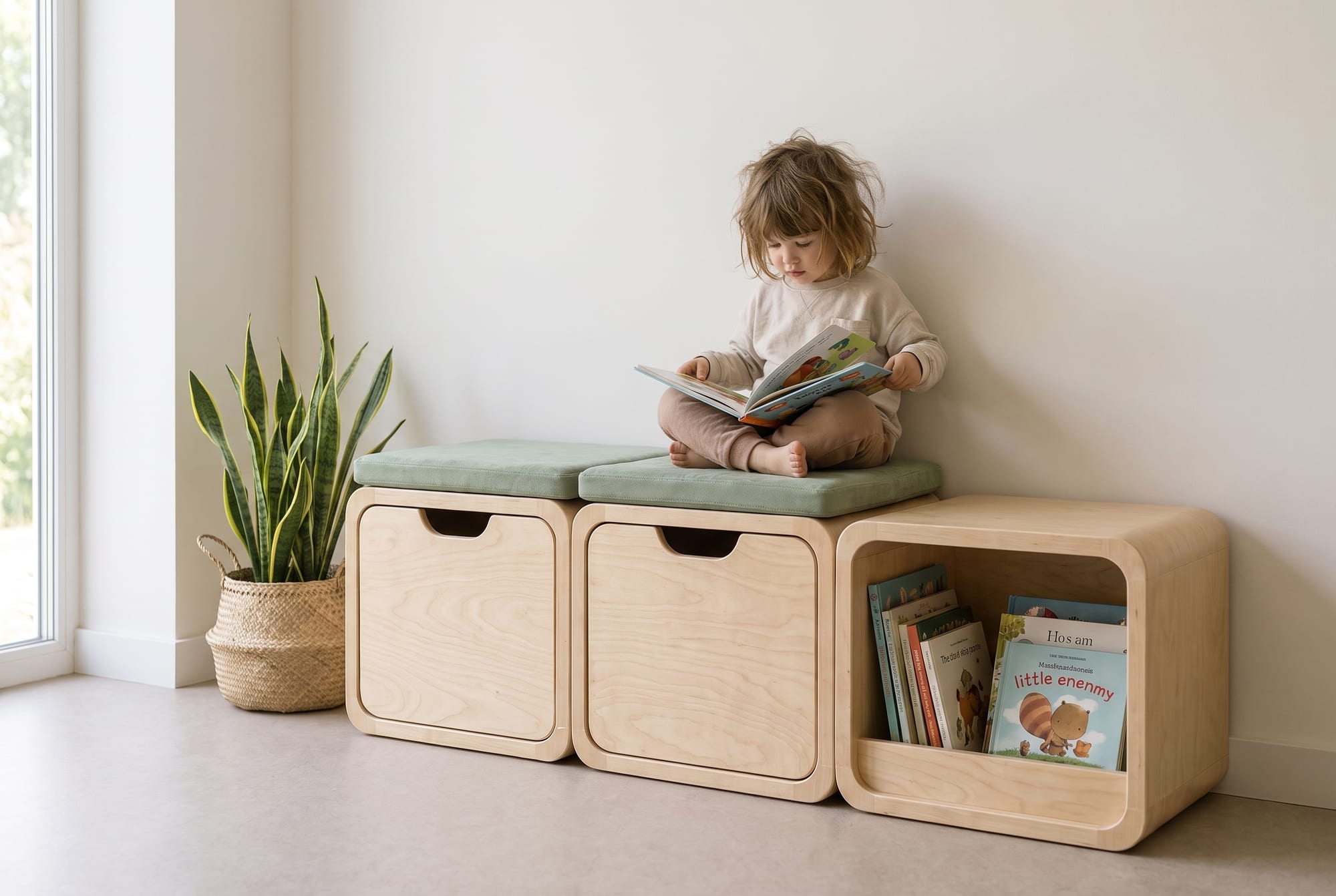 Dziecko czyta na module KIDSLOOP z poduszką obok ekspozytora na książki