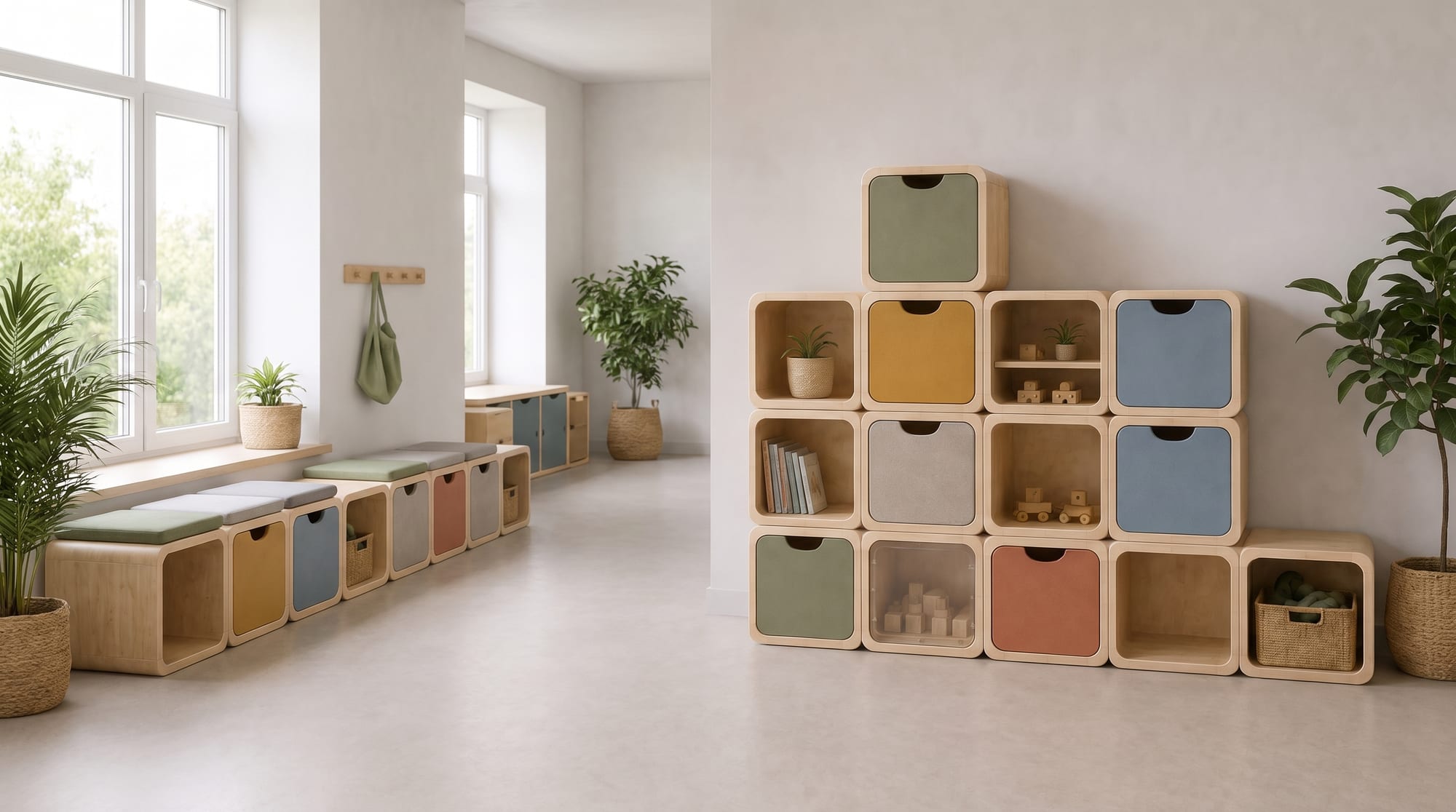 Ściana z modułowych kostek KIDSLOOP w jasnej sali przedszkolnej