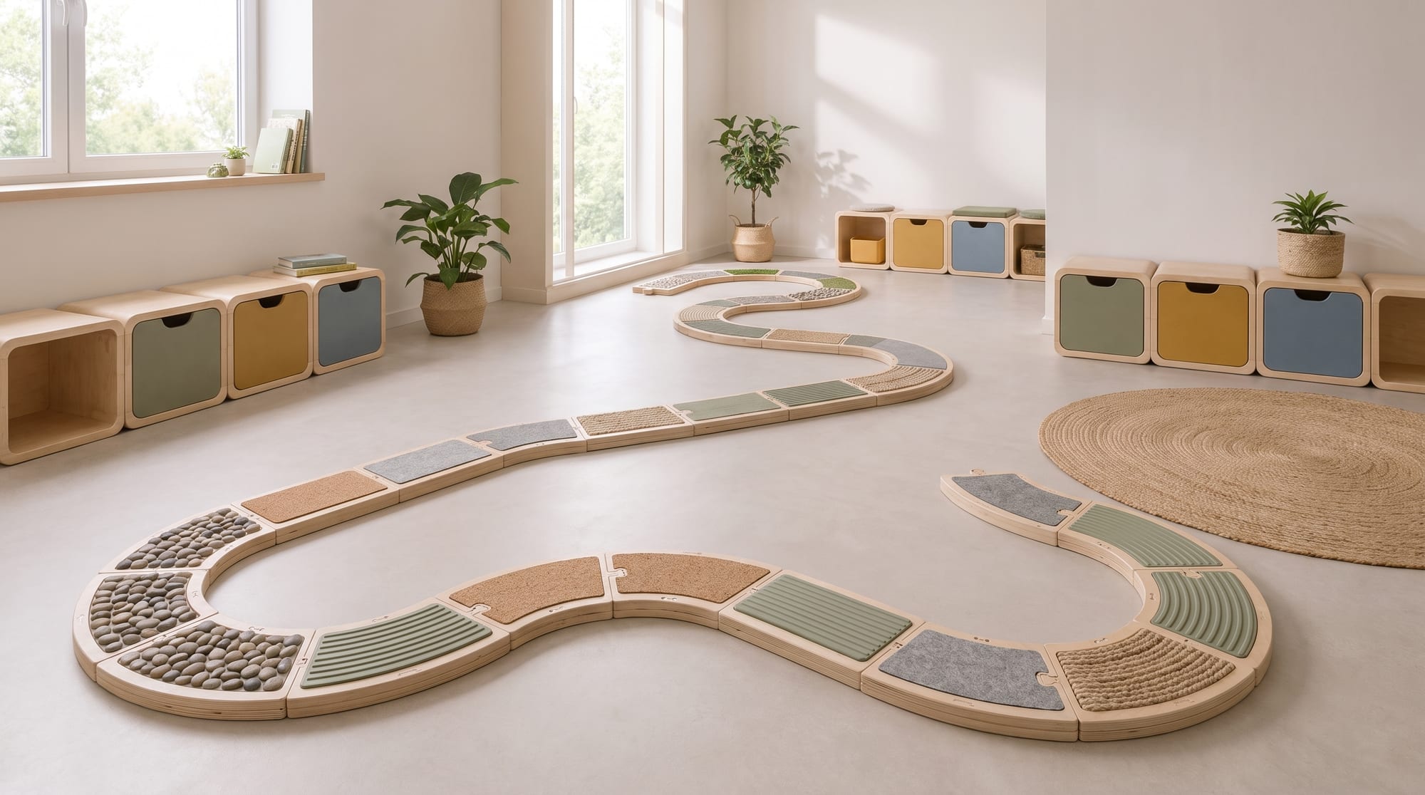 Jasna sala żłobka z modułową ścieżką sensoryczną KIDSLOOP prowadzącą przez pomieszczenie