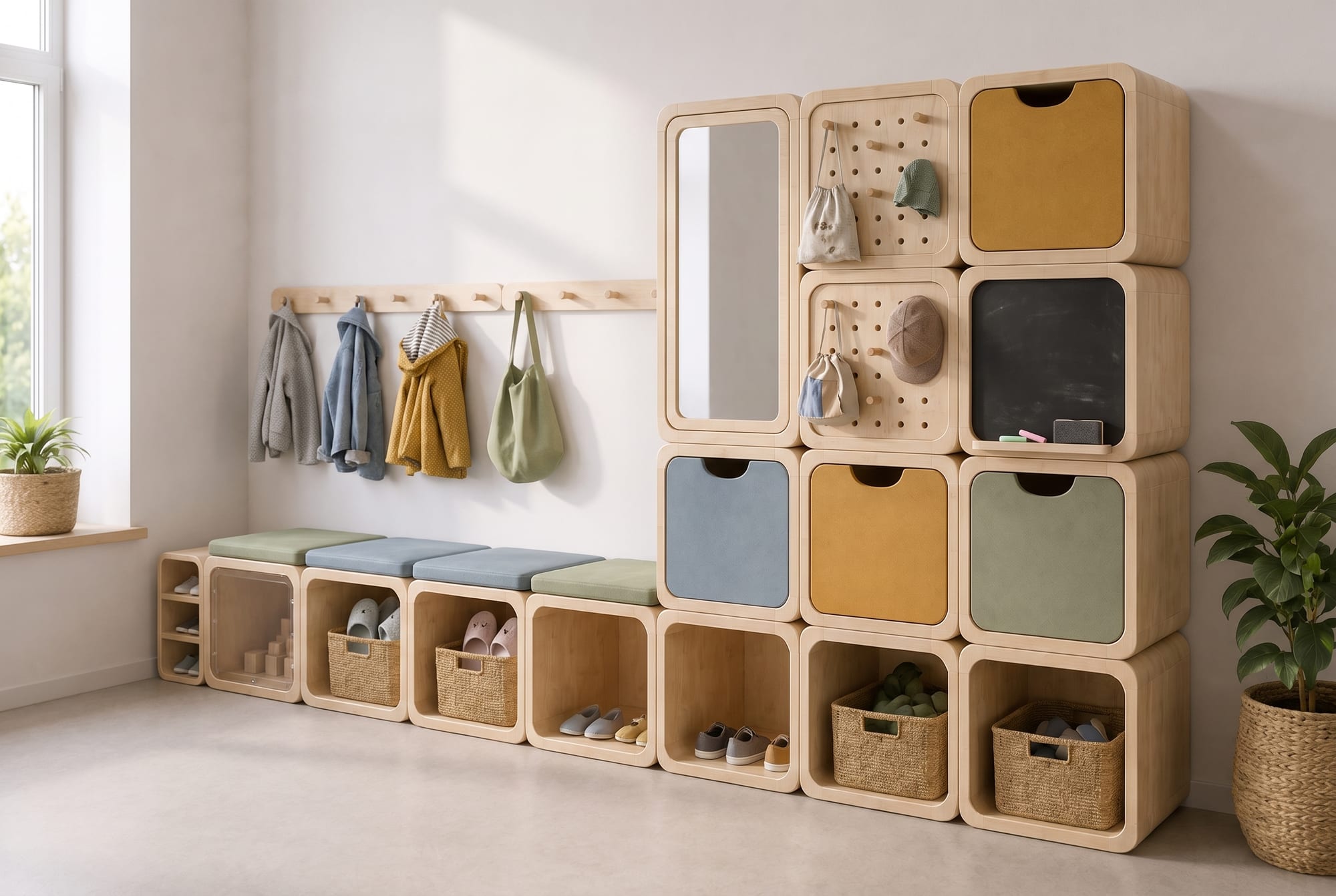 Szatnia przedszkolna z modułów KIDSLOOP z lustrem i tablicą