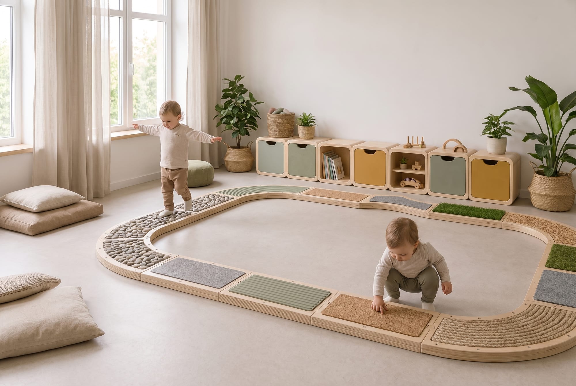 Sala w stylu Montessori z ścieżką sensoryczną KIDSLOOP przy ścianach